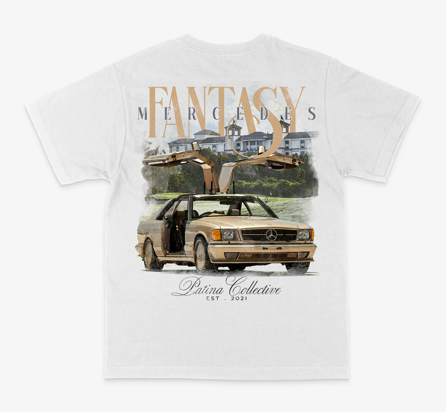 White t-shirt with a graphic of a Mercedes-Benz car and 'Fantasy Mercedes' text on a white background