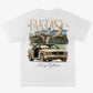 White t-shirt with a graphic of a Mercedes-Benz car and 'Fantasy Mercedes' text on a white background